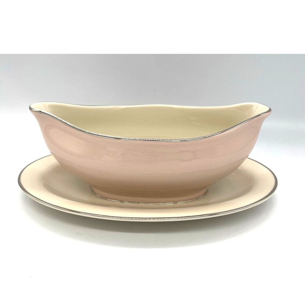 Vintage Colonial Fine China Porcelain Pink & White Gravy Boat w/ Attached Plate